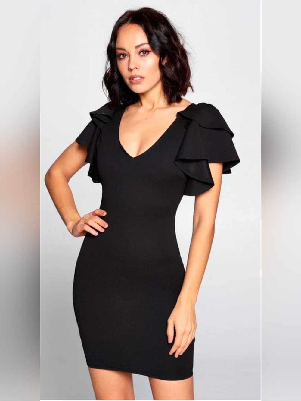 Elegant Gibiu Black Short Bodycon Ruffle Sleeve Dress S